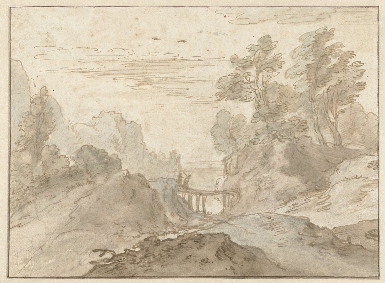 Bjerglandskab med to figurer på en smal bro af Pieter Dircksz van Santvoort (possibly)