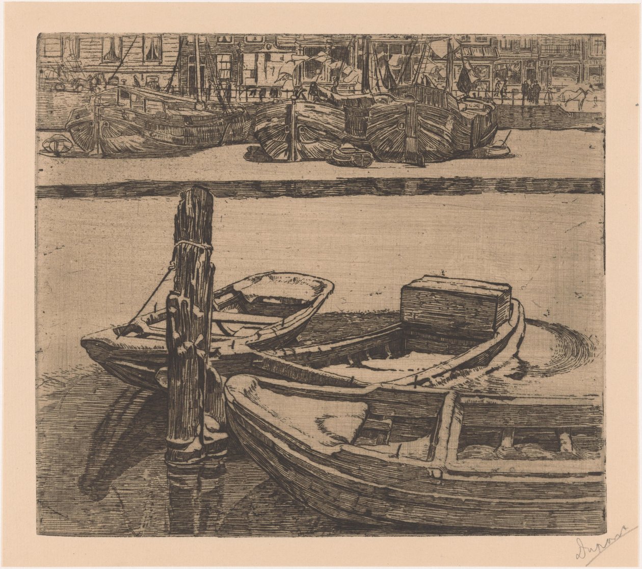 Skibe i Damrak i Amsterdam af Pieter Dupont (signed by artist)