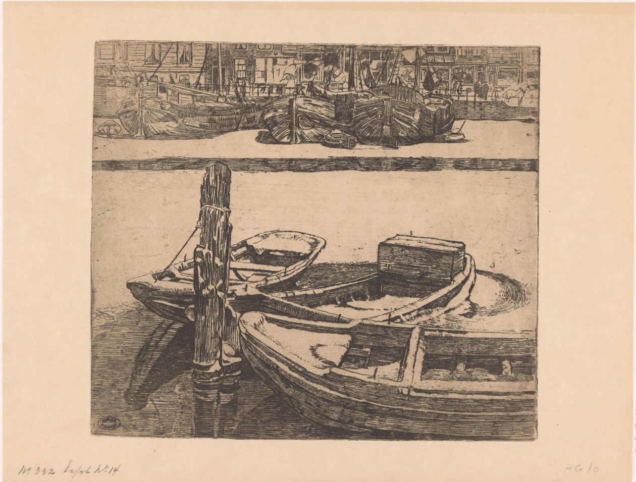 Skibe i Damrak i Amsterdam af Pieter Dupont (signed by artist)