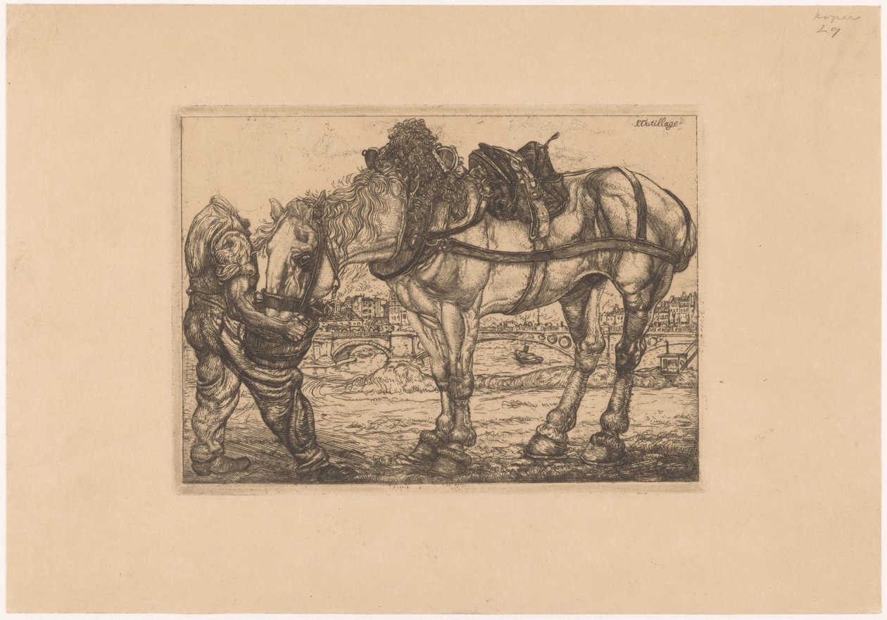 Mand fodrer en hest fra en spand L