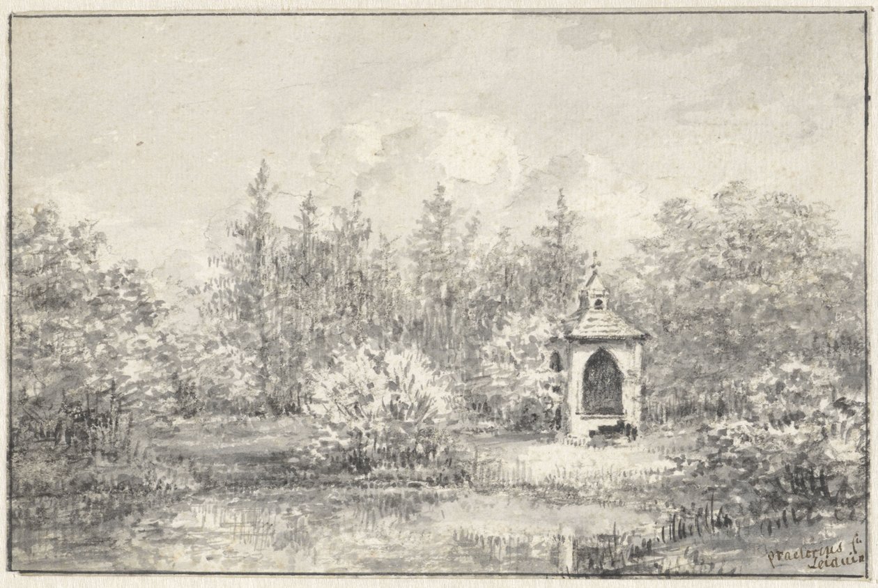 Udsigt i parken Leiduin, med et hus mellem træerne af Pieter Ernst Hendrik Praetorius