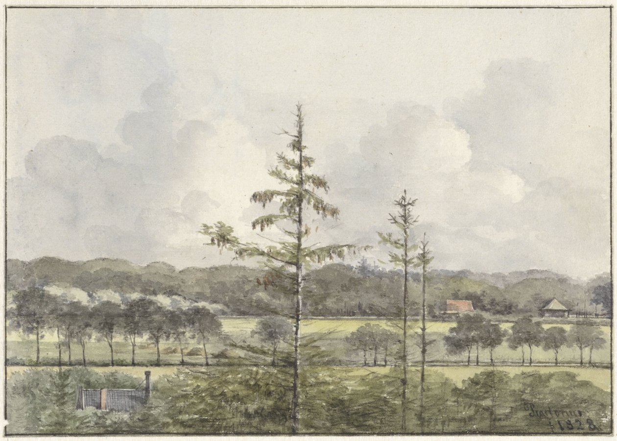 Udsigt over enge med gårde af Pieter Ernst Hendrik Praetorius