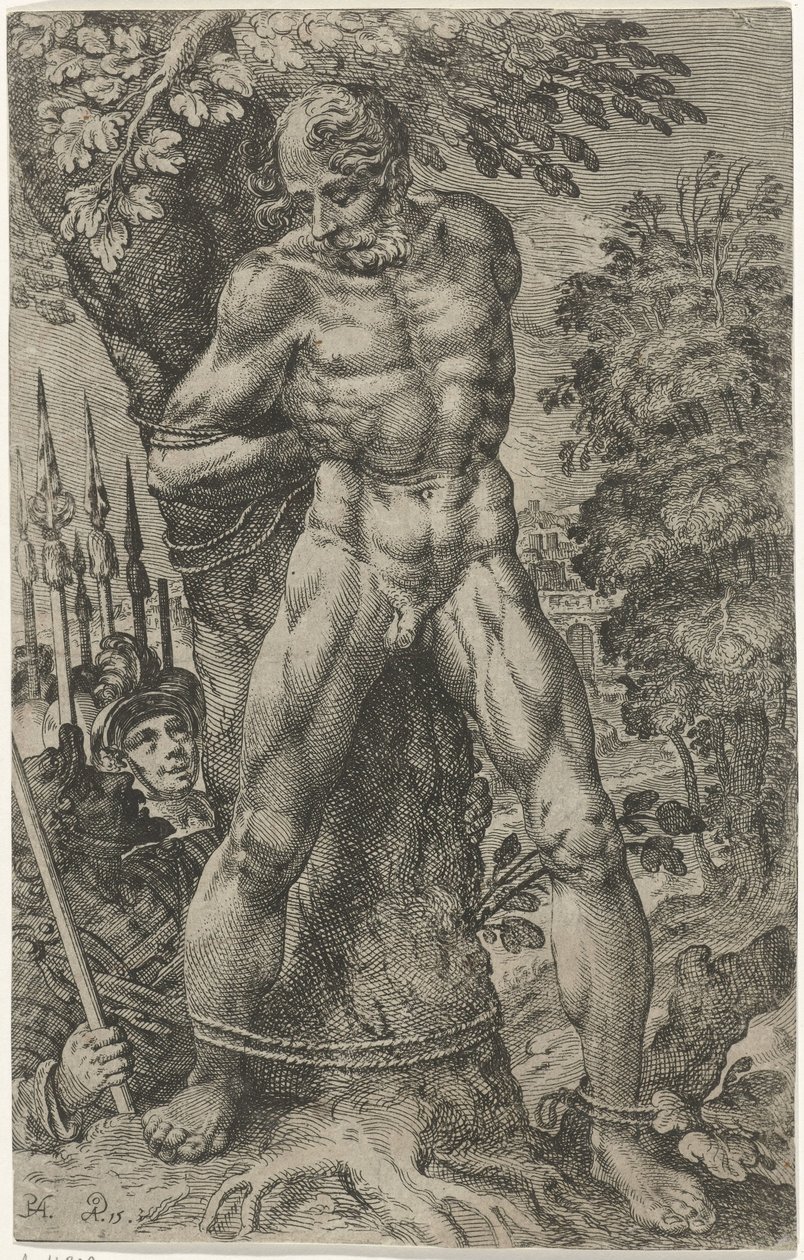 Achior bundet til et træ af Pieter Feddes van Harlingen