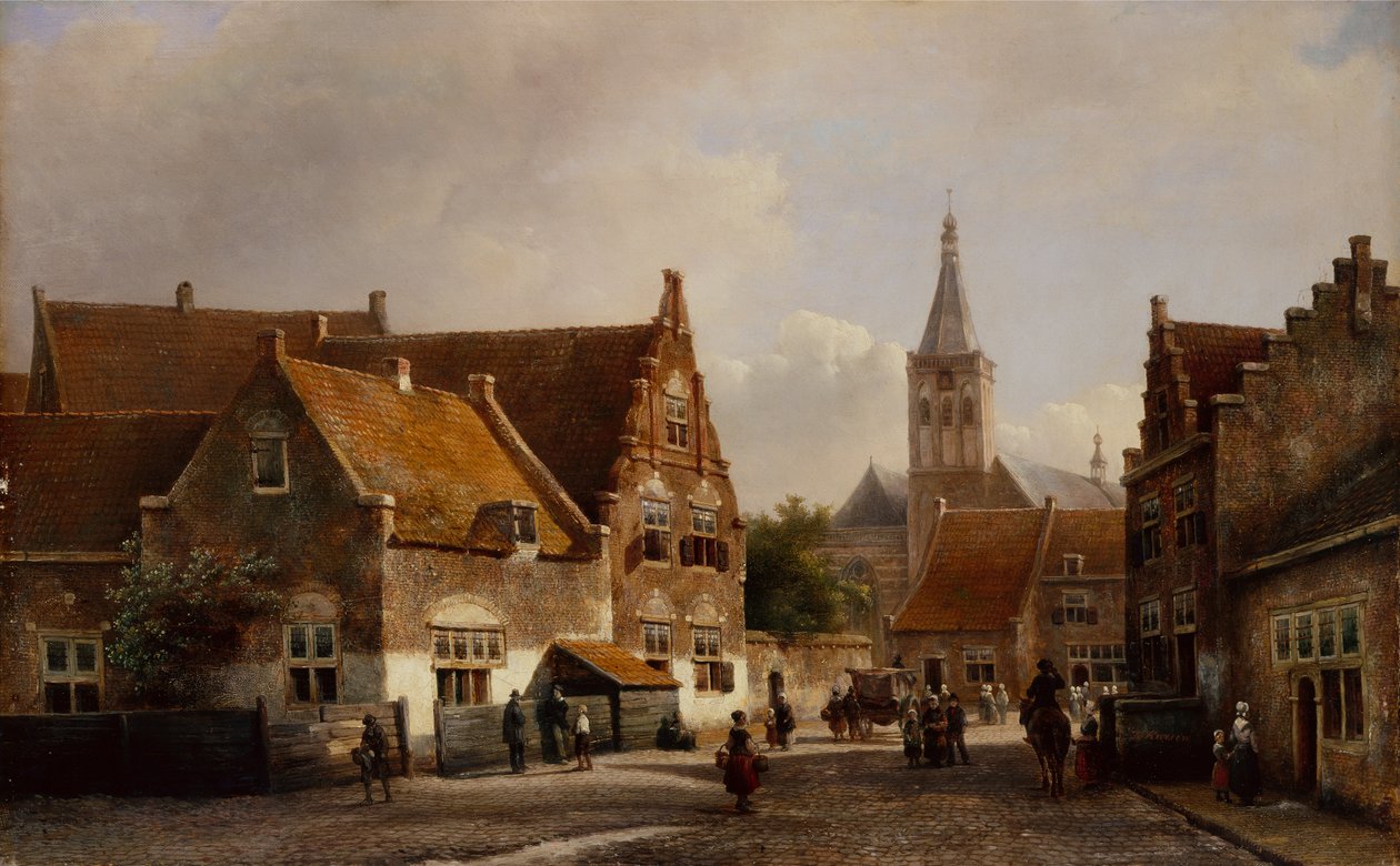 Gade i en hollandsk by (olie på panel) af Pieter Gerard Vertin