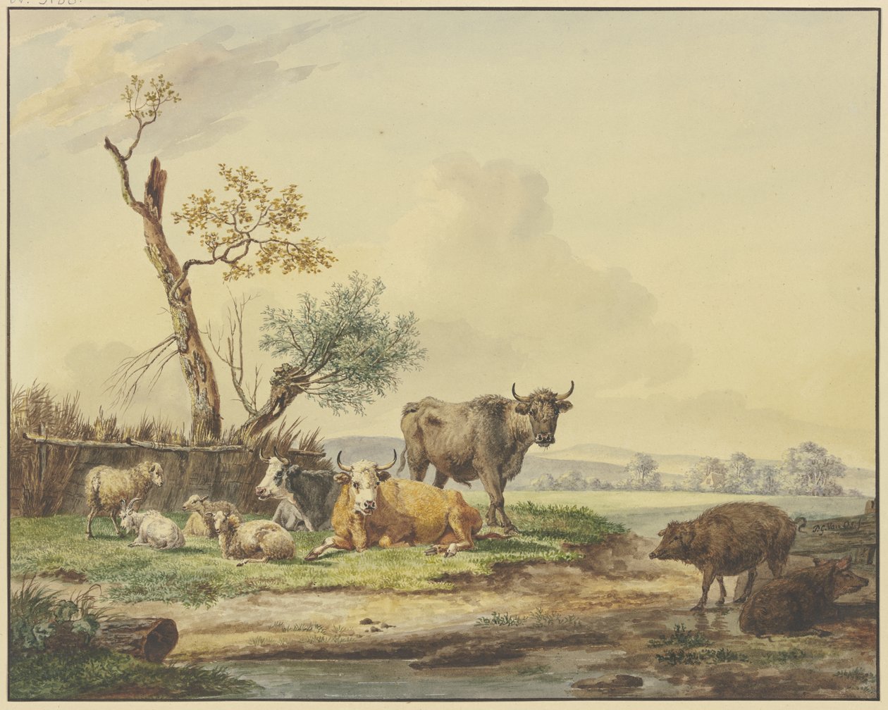 Kvæg på græs ved et hegn, to svin til højre af Pieter Gerardus van Os