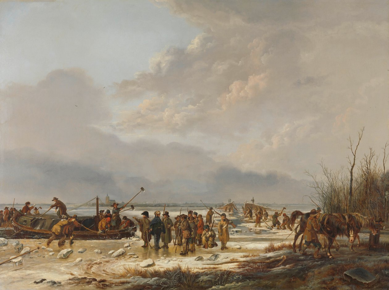 Bryde isen på kærnemælksgrøften, Naarden, januar 1814 af Pieter Gerardus van Os