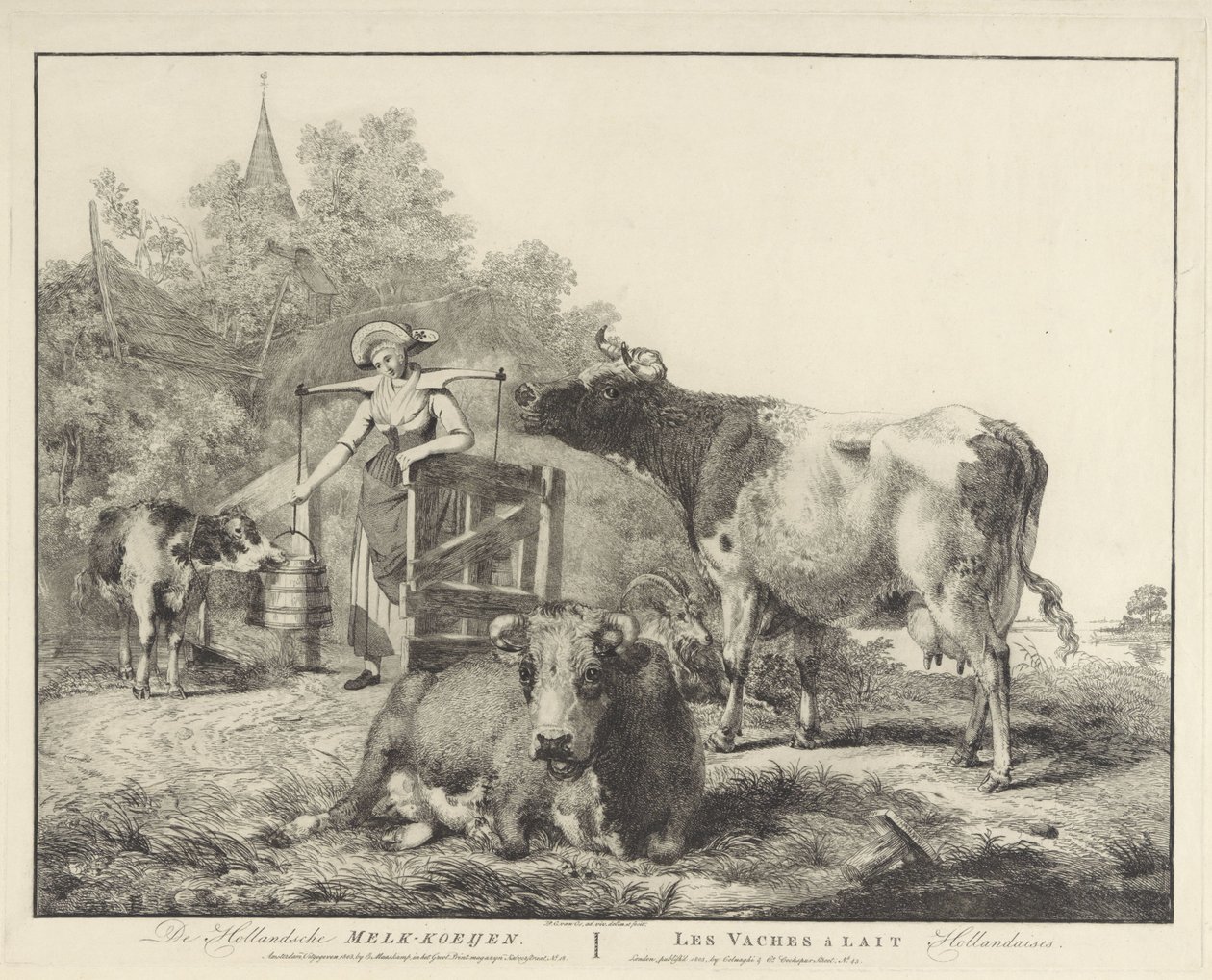 Køer og en malkepige De Hollandsche Melk-koeijen/ Les vaches â lait hollandaises (titel på objekt) af Pieter Gerardus van Os