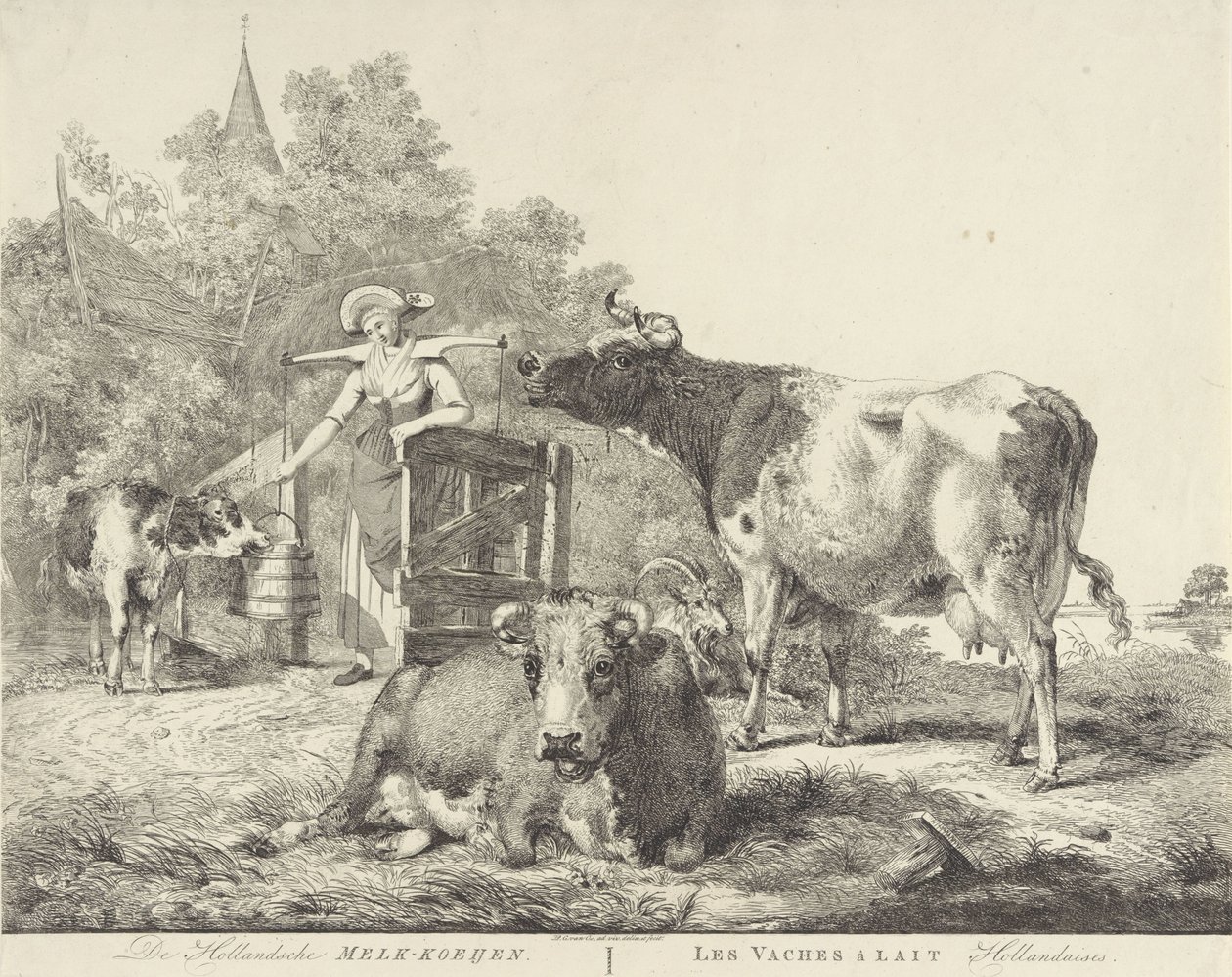 Køer og malkepige De Hollandsche Melk-koeijen/ Les vaches â lait hollandaises (titel på objekt) af Pieter Gerardus van Os