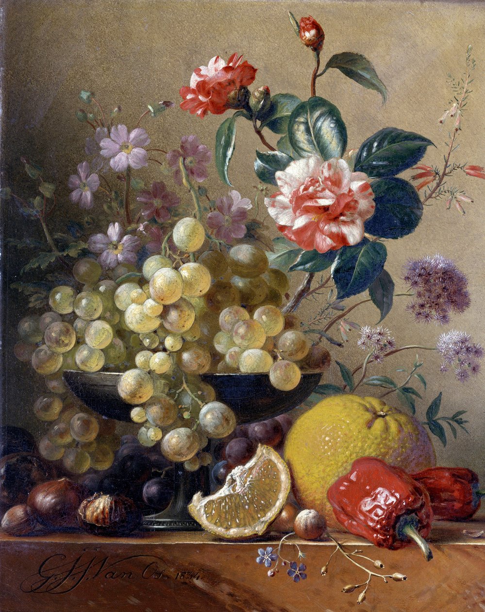 Stilleben med frugt, grøntsager og blomster af Pieter Gerardus van Os