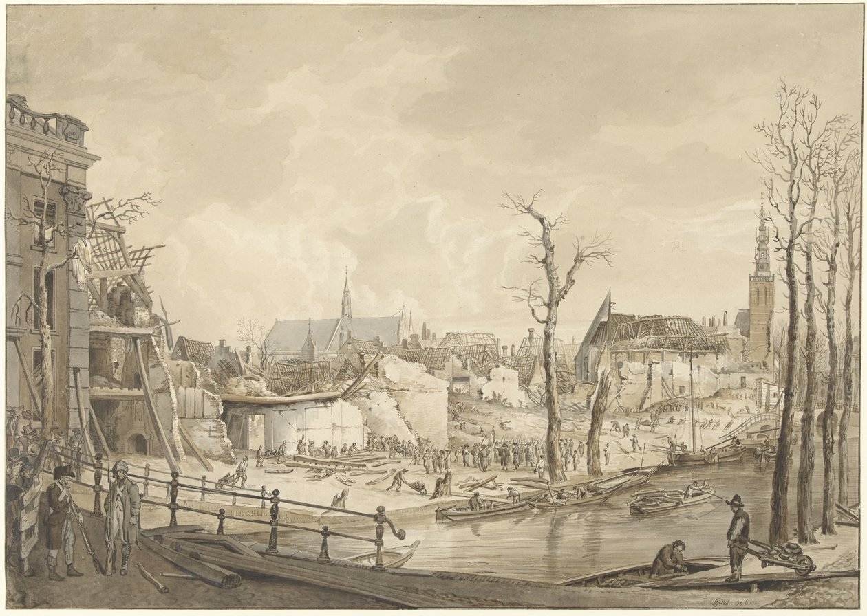 Ruiner på nordsiden af ​​Steenschuur efter Krudtkatastrofen i Leiden, 12. januar 1807 af Pieter Gerardus van Os