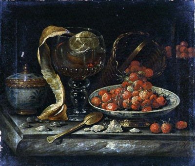 Stilleben af kinesisk blå og hvid skål og låg, glas-Roemer, guldske og frugt (olie på lærred) af Pieter Gerritsz. van (manner of) Roestraten