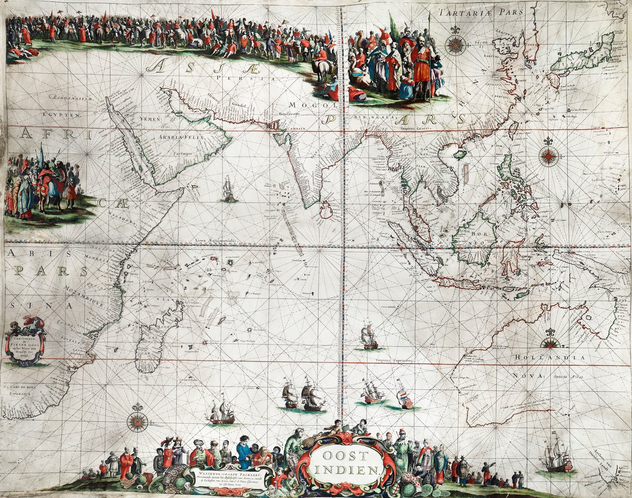 Kort over Ostindien, ca. 1666 (koloreret stik) af Pieter Goos