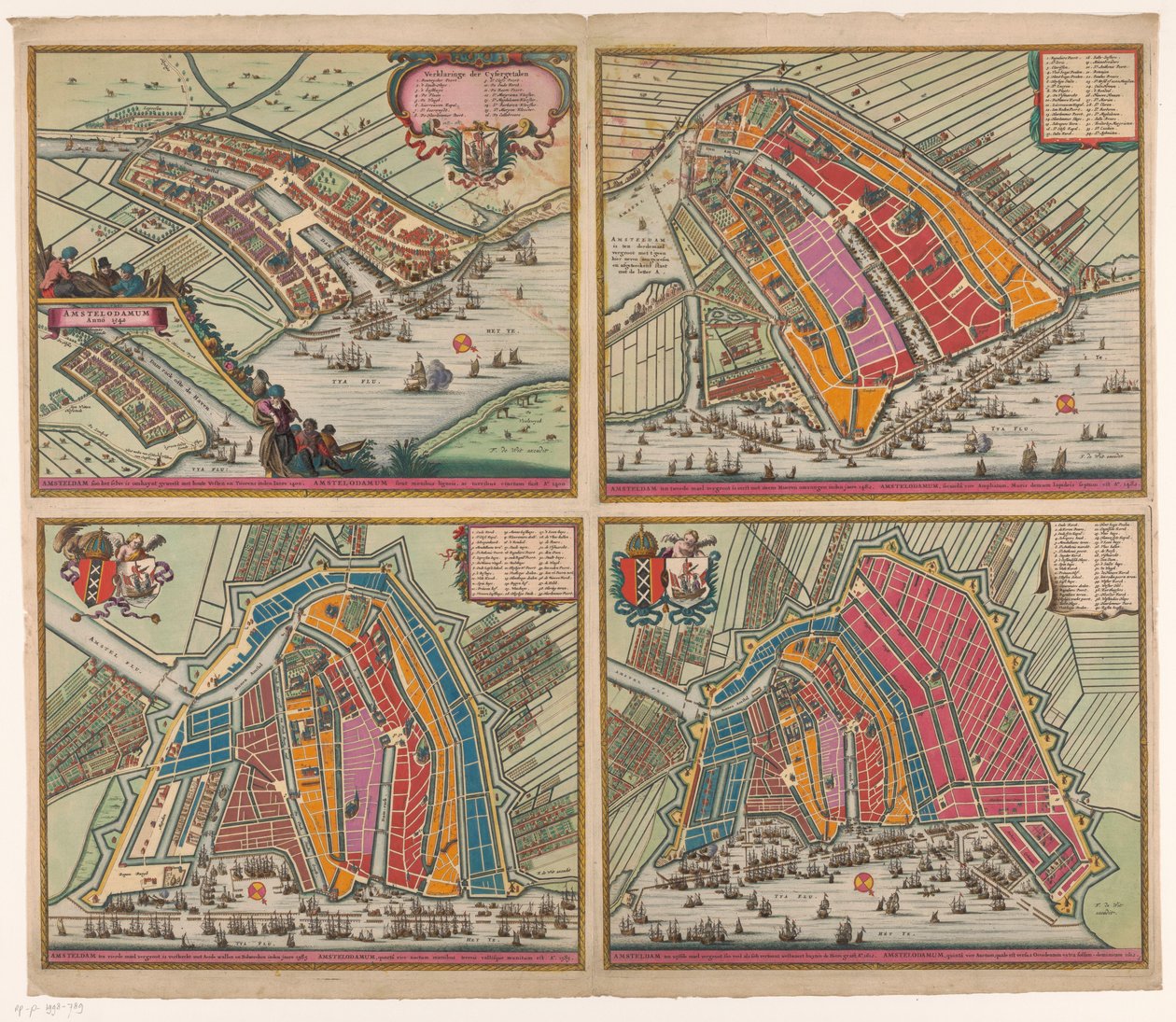 Fire kort over Amsterdam fra 1400 til 1612 Amsteldam soo it selve have been omhaynt (...) (titel på objekt) Amsterdam udvidet for anden gang blev først udvidet med Steene Mueren inden jaere 1482 (...) (titel på objektet) Amsteldam fjerde af Pieter Hendricksz. Schut (possibly)