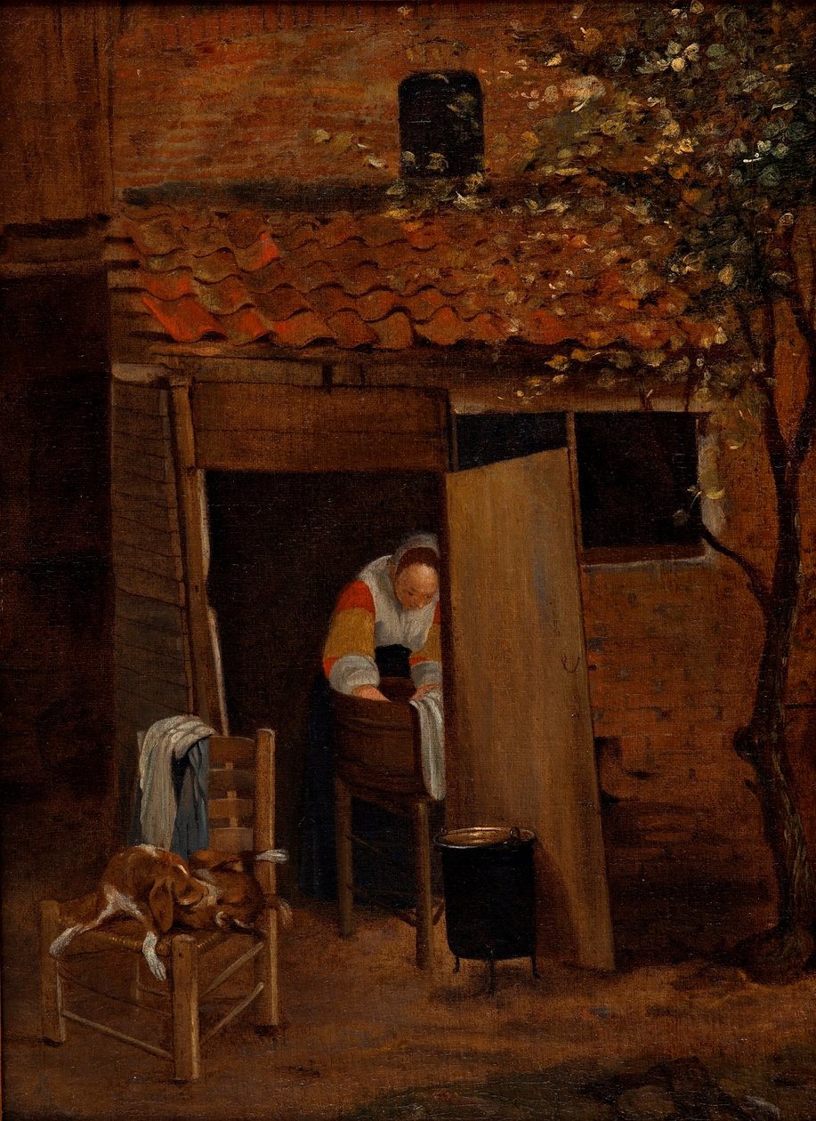 Pige vasker tøj. af Pieter Hooch de