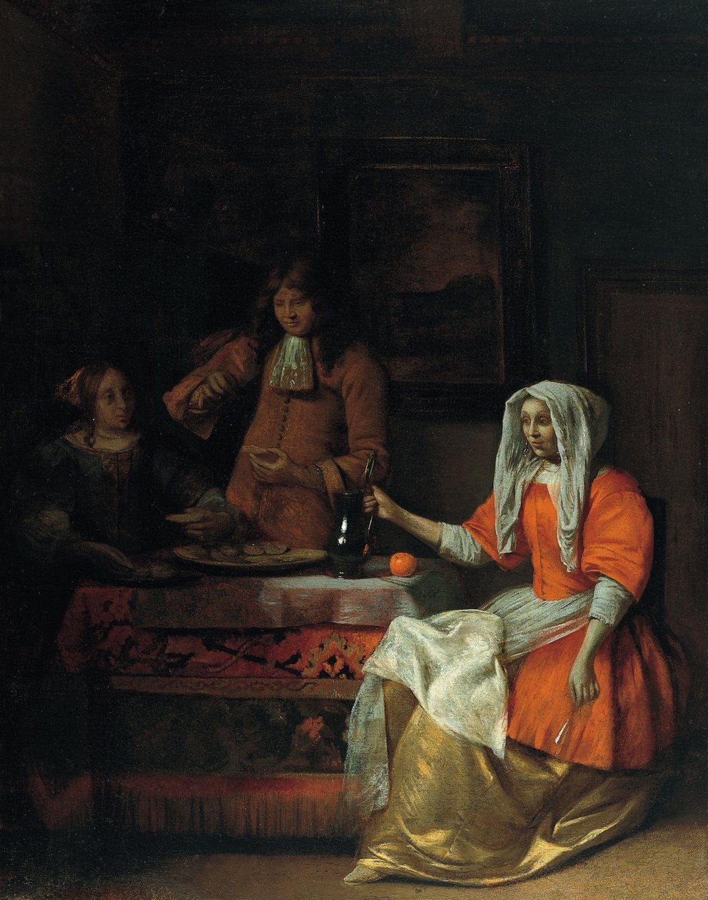 Interiør med to kvinder og en mand, der drikker og spiser østers af Pieter Hooch de