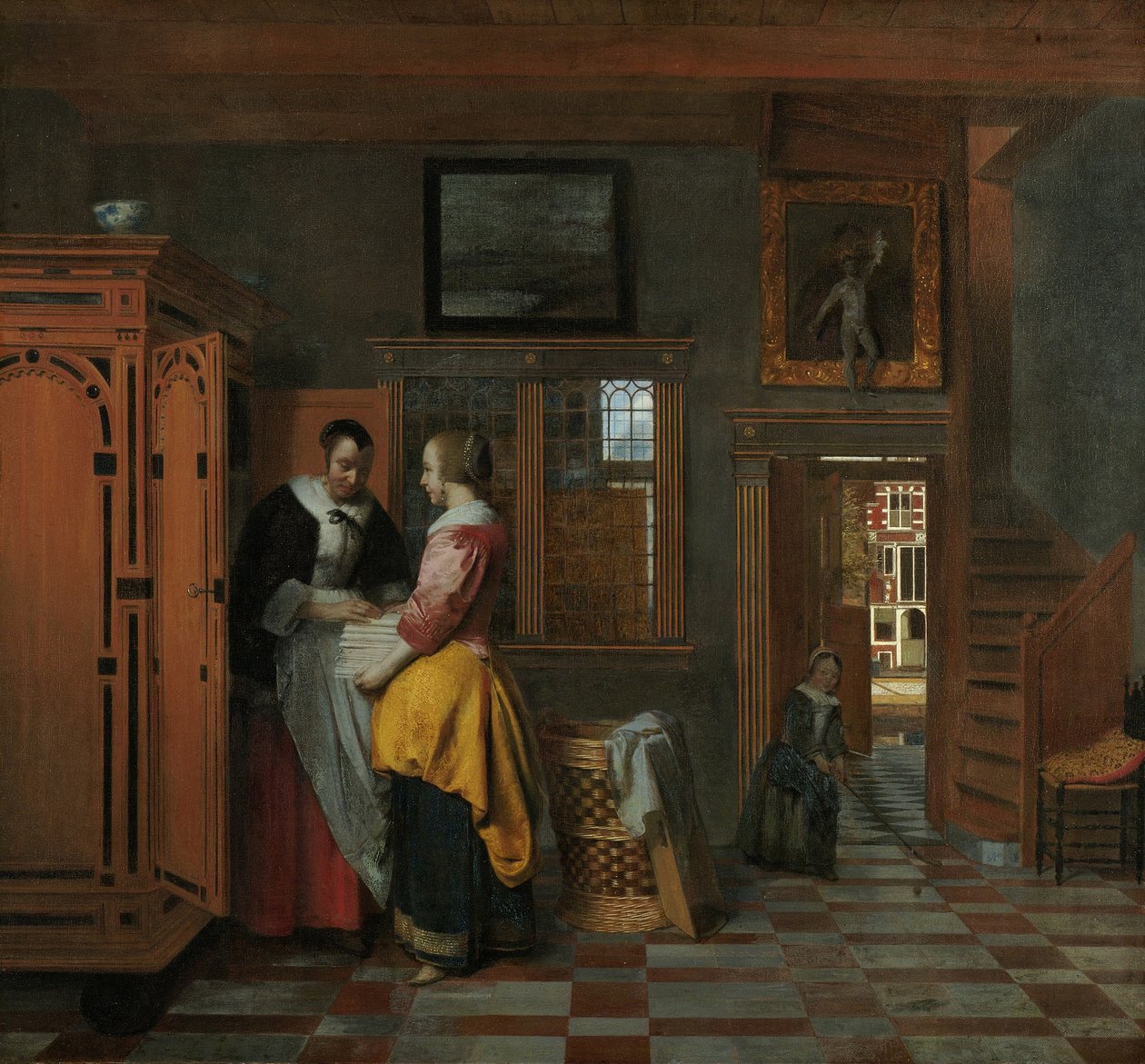 Interiør med kvinder ved siden af en linnedkiste, 1663 af Pieter Hooch de