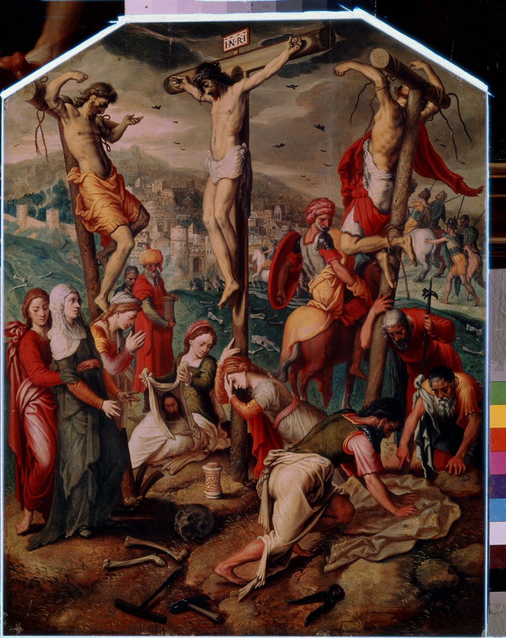 Golgata (Golgata). På Golgata bliver Jesus Kristus korsfæstet med de to andre dømt til døden. Han bærer INRI-tegnet (I.N.R.I.) på korset. Ved foden sørger den hellige Maria Magdalene over Jesu død, hendes flaske vælter på jorden. Sankt Veronica af Pieter I Pietersz