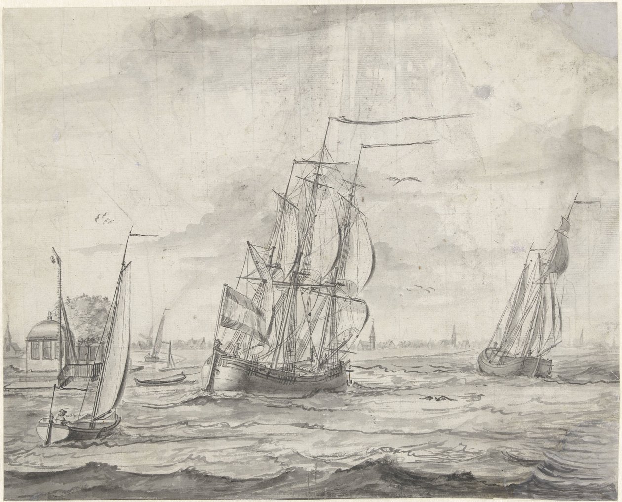Indre vandveje med skibe, i det fjerne en by af Pieter Idserts