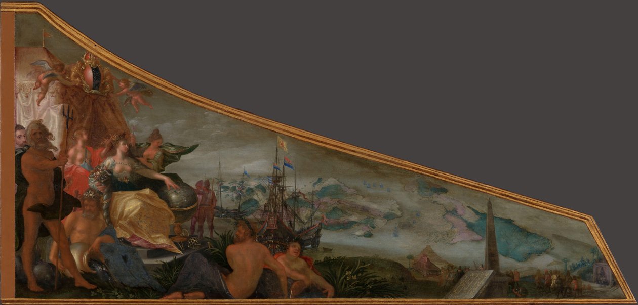 Amsterdam som centrum for verdenshandel Maleri på et cembalolåg med en Allegori om Amsterdam som centrum for verdenshandelen af Pieter Isaacsz.