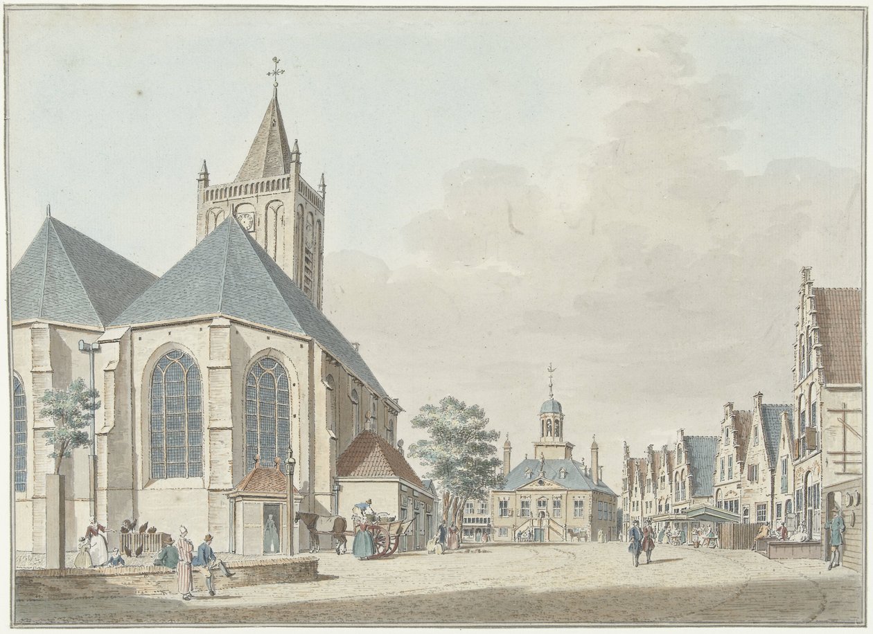 Markedet i Vlaardingen med kirken og rådhuset af Pieter Jan van Liender