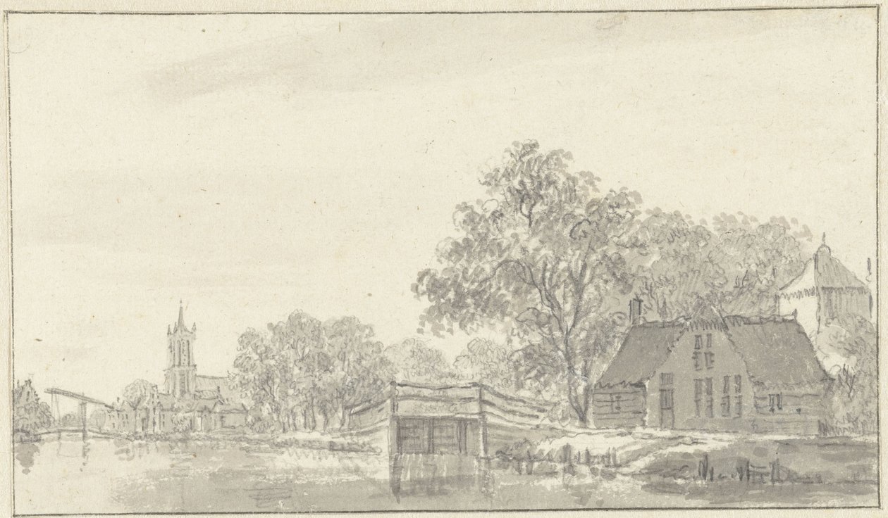 Udsigt til landsbyen med floden af Pieter Jan van Liender