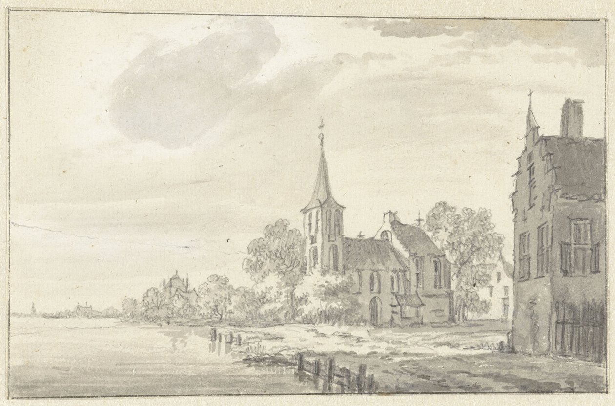 Landsbykirke og huse ved en flod af Pieter Jan van Liender