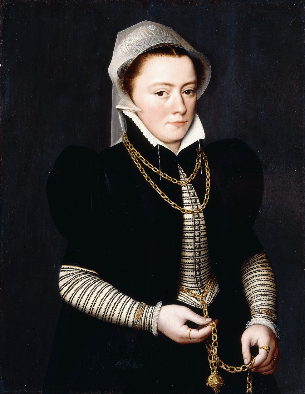 Portræt af en dame, stående, lille trekvart længde, iført en stribet overdel og sort frakke, holder en pomander på en guldkæde, af Pieter Jansz. Pourbus