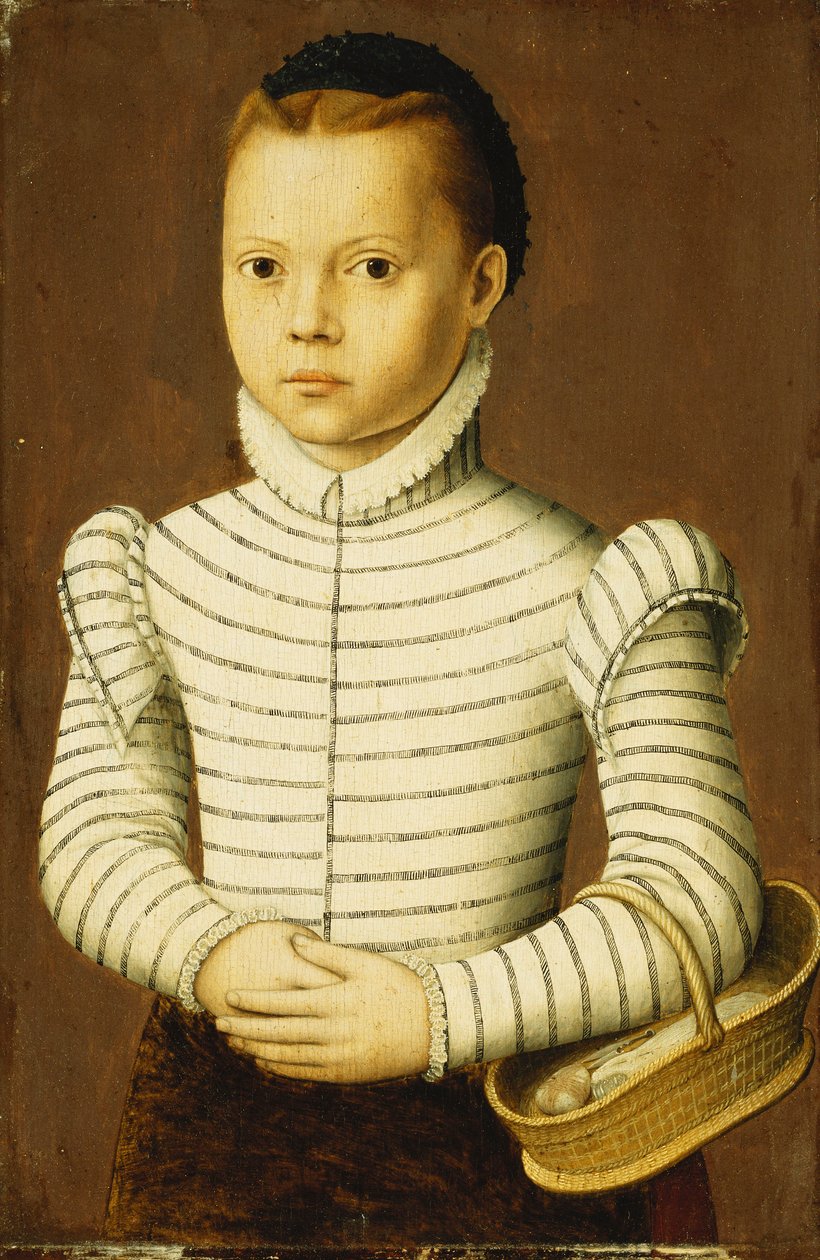 Portræt af en ung pige iført et sort og hvidt kostume med en kurv, af Pieter Jansz. Pourbus