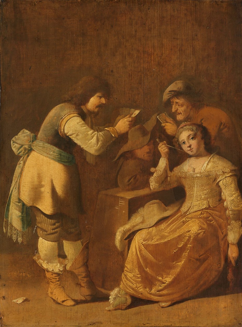 Kortspillere med kvinde, der ryger pibe af Pieter Jansz Quast