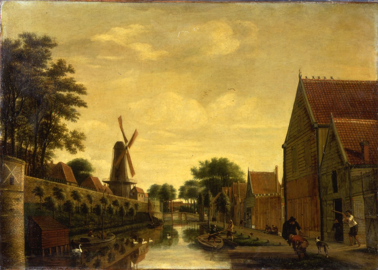 En kanal ved en bymur med arbejdere, der losser tømmer, ca. 1650 af Pieter Jansz. van Asch
