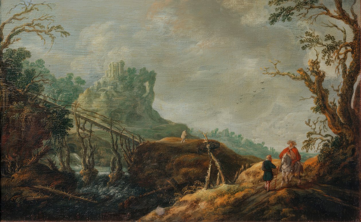 Flodlandskab med træbro og ruin af Pieter Jansz van Asch