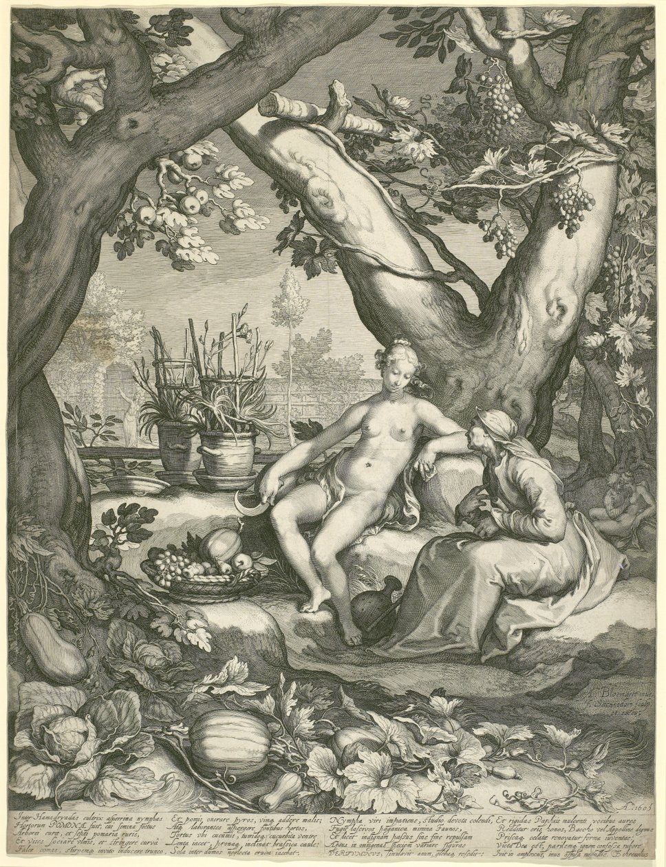 Vertumnus låner figuren af en gammel kvinde for at vinde Pomonas kærlighed, 1605 (gravering på lagt papir) af Pieter Janszoon Saenredam