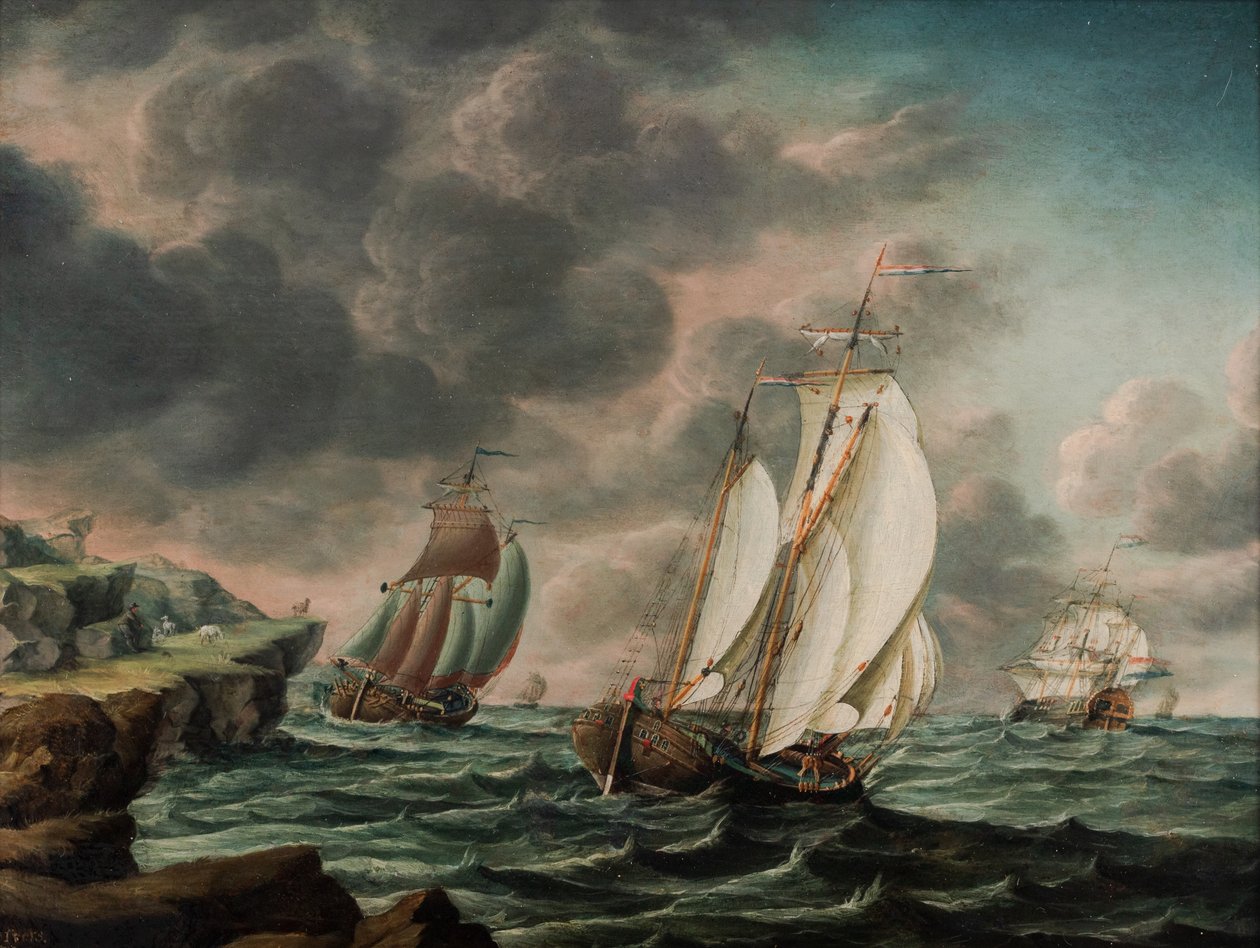 Hollandske handelsfløjter ved en klippekyst af Pieter Jochums Lofvers