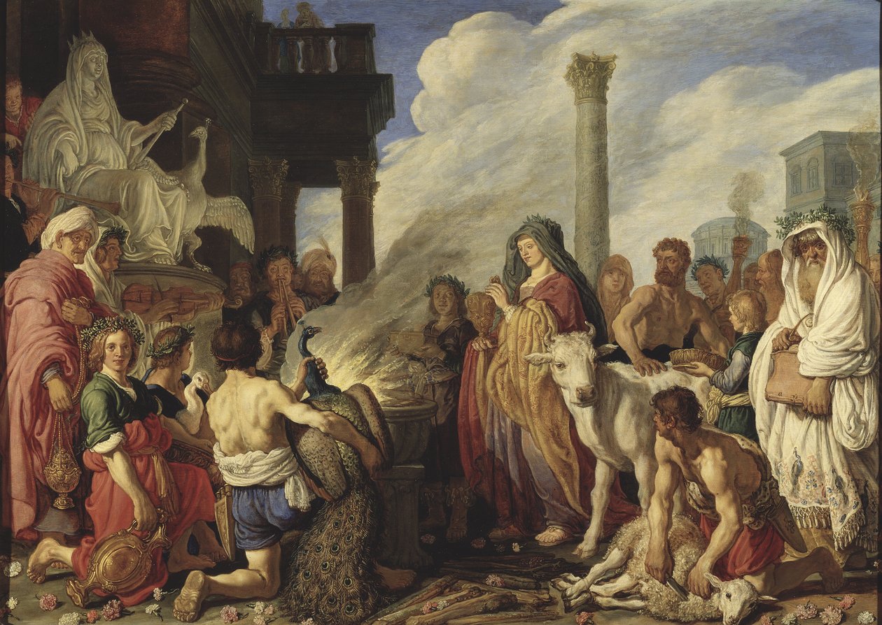 Didon (Elyssa, Elissa, Elisha, Elysha eller Helissa) fait un ofre en Junon - Didos offer til Juno, af Lastman, Pieter Pietersz. (1583-1633). Olie på træ af Pieter Lastman