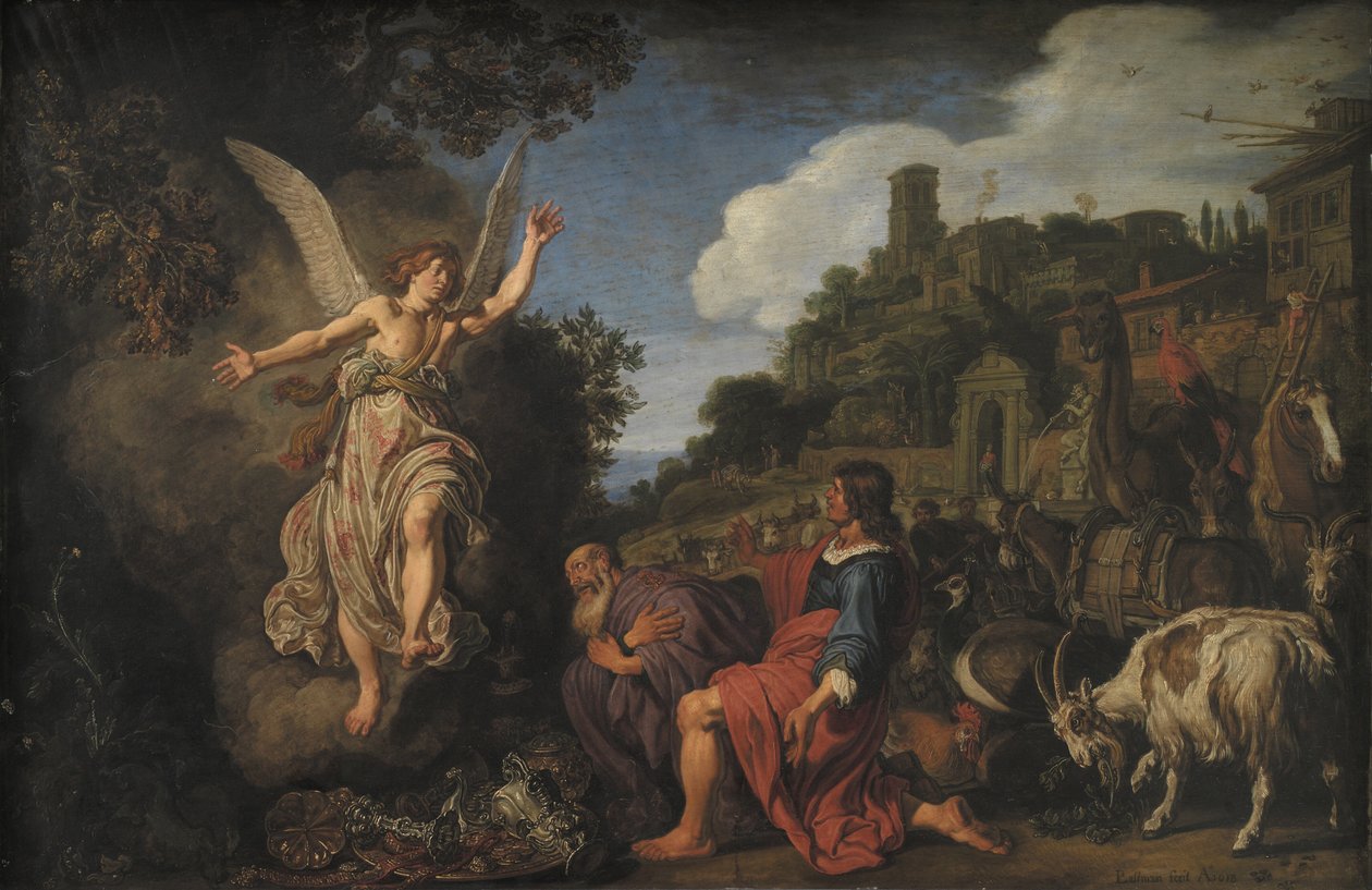 Englen Raphael tager afsked med gamle Tobit og hans søn Tobias af Pieter Lastman
