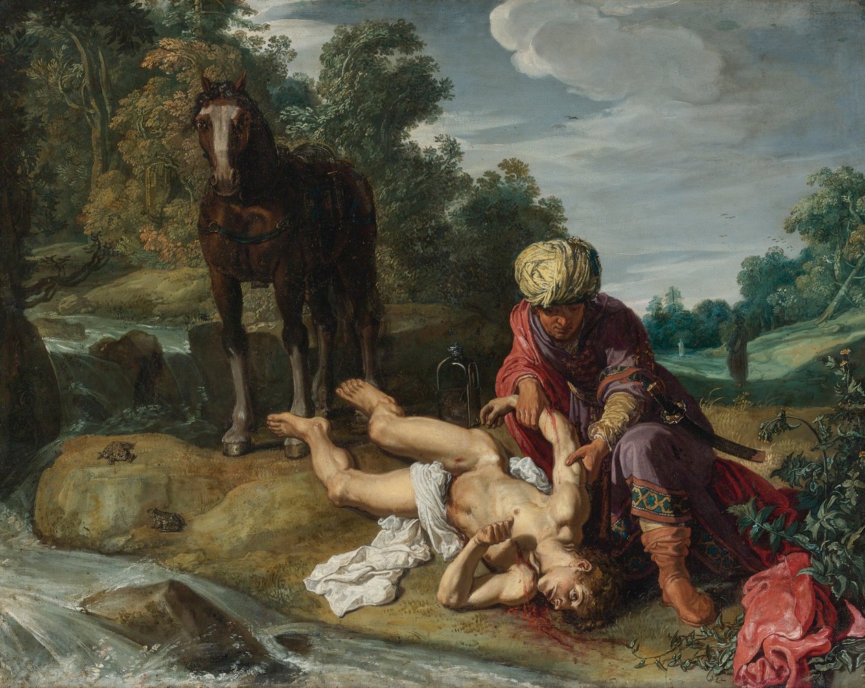 Den barmhjertige samaritaner plejer den rejsendes sår (Luk 10,25-37) af Pieter Lastman