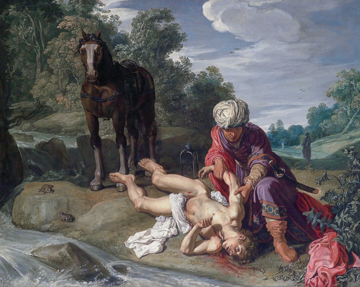 Den barmhjertige samaritaner plejer den rejsendes sår (Luk 10,25-37) af Pieter Lastman
