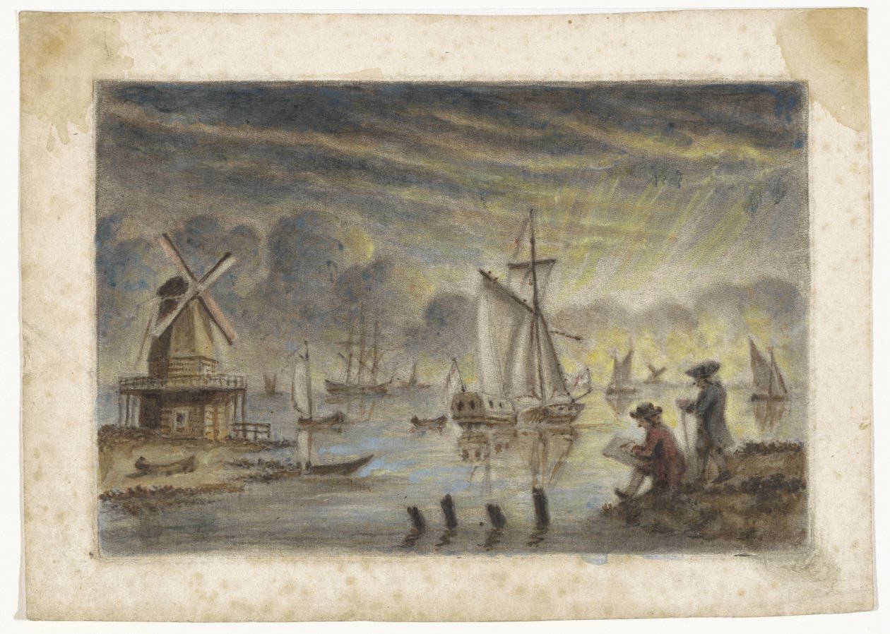 Kystudsigt med skibe, mølle og en tegner af Pieter Louw (attributed to)