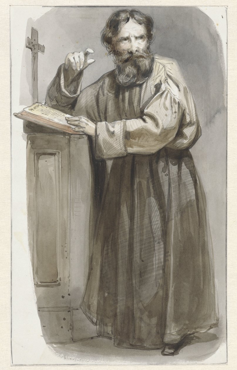 Stående gejstlig ved talerstol med krucifiks og bibel af Pieter Marinus van de Laar (attributed to)
