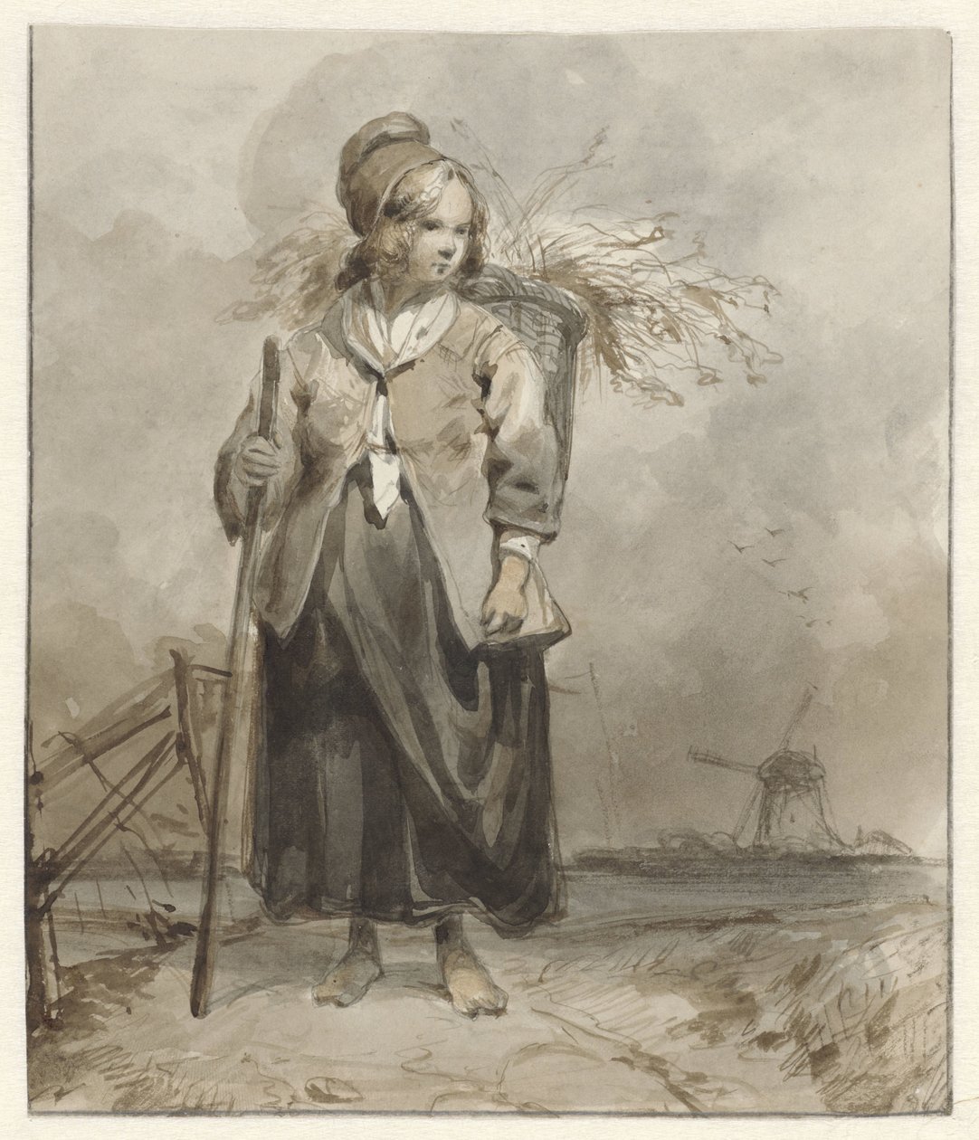 Stående kvinde med stok og kurv på ryggen af Pieter Marinus van de Laar (attributed to)