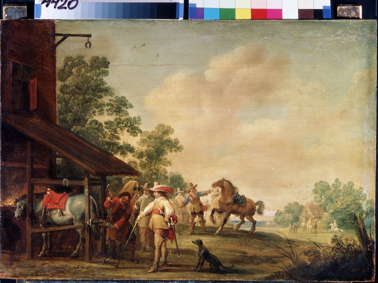 Forge (A Forge). En beslagsmed (hovslager) sætter en hestesko på. Maleri af Pieter Meulenaer (Peter eller Pierre af Pieter Meulener