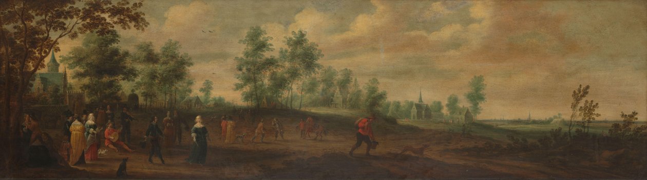 Landskab med et par danser uden for et landsted af Pieter Meulener