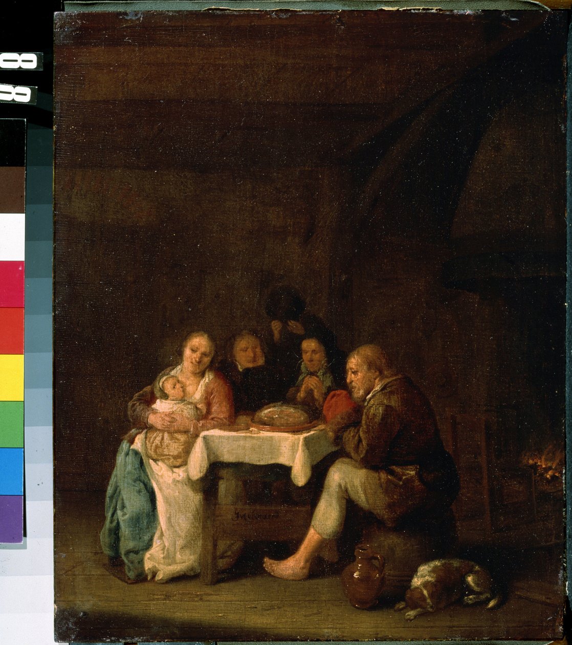 ""The Prayer Before Dinner"" (The Prayer Before Dinner) Nådens øjeblik under måltidet hos en hollandsk familie af beskedne midler. Maleri af Peeter Meulenaer (1602-1654) Mikhail Kroshitsky kunstmuseum fra det 17. århundrede, Sevastopol (Sevastopol) Ukr af Pieter Molenaer
