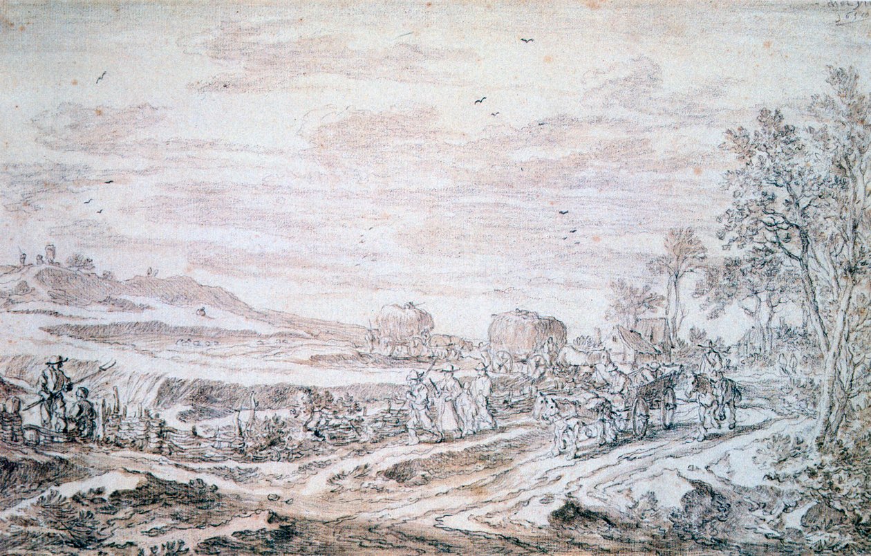 Landskab med høstmaskiner, c1615-1661 af Pieter Molijn