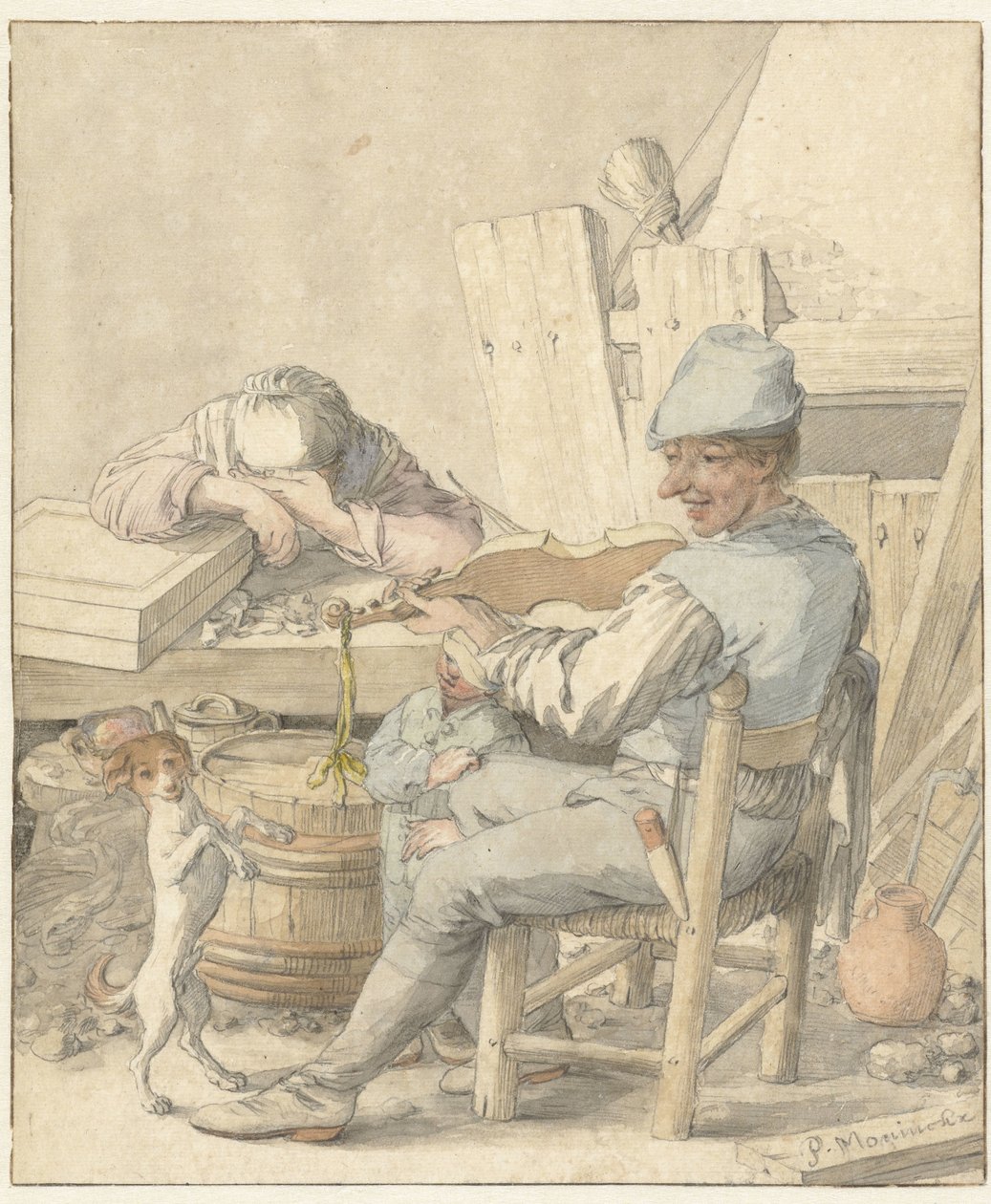 Interiør med en mand, der spiller violin, en sovende kvinde og en dansende hund af Pieter Moninckx