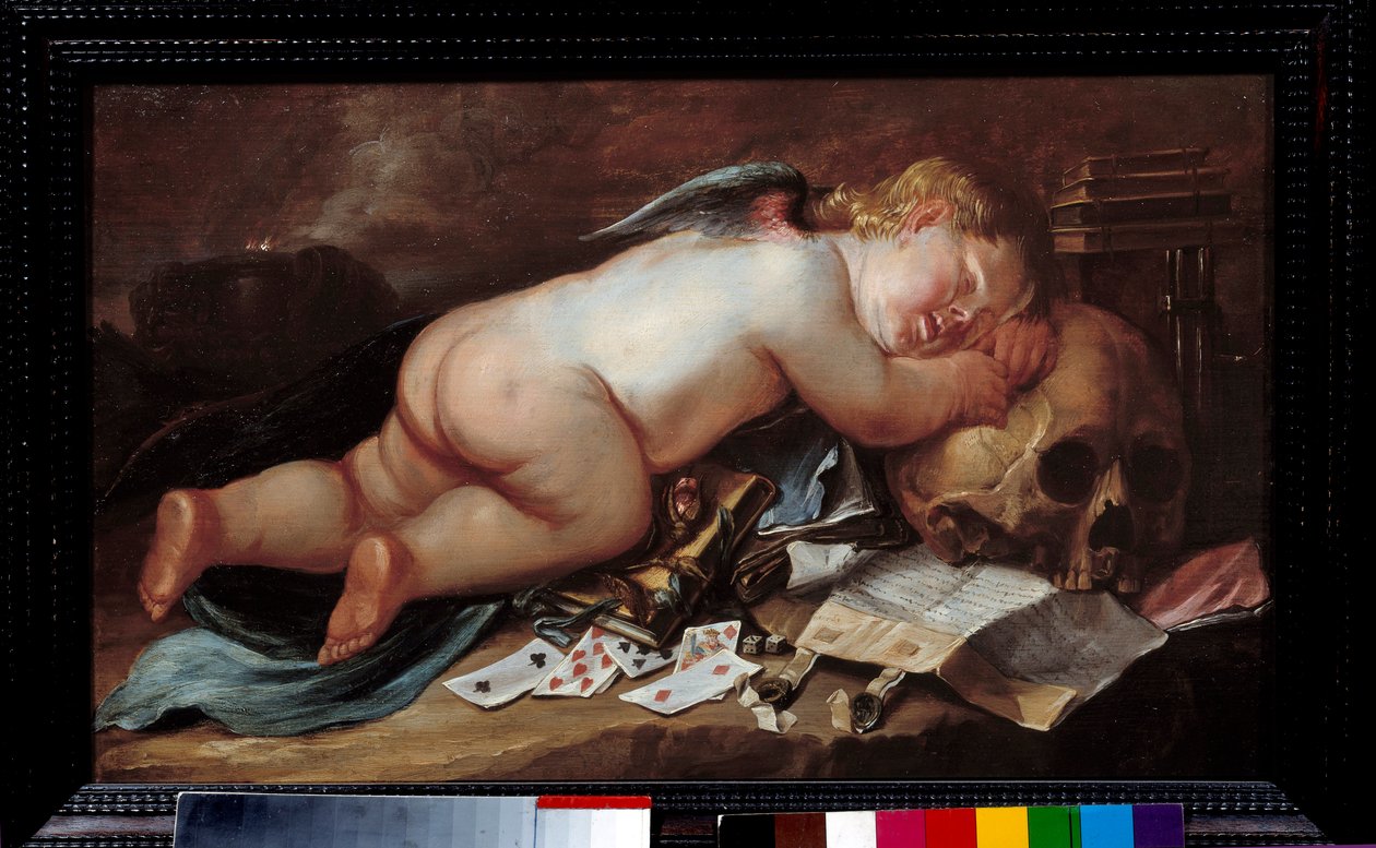 Elsker at sove på en døds hoved. Maleri (Vanite) af Pieter Moninckx (1606 - 1686) Ec. Flam. af Pieter Moninckx