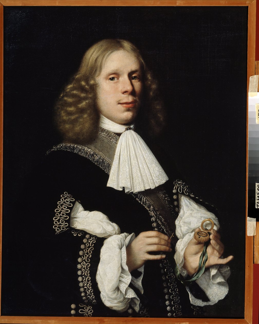 Portræt af borgmesteren i Haarlem. (Portræt af borgmesteren i Haarlem). Manden holder et lille kompas i hånden. Maleri af Pieter Nason (1612-1688) af Pieter Nason