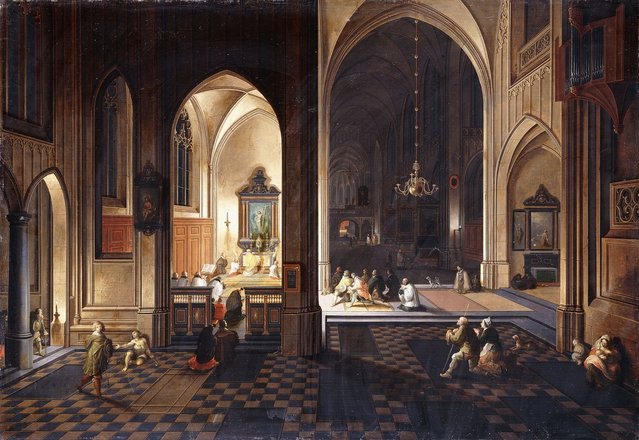 En kirke om natten med en præst, der fejrer messe i et sidekapel, af Pieter Neeffs