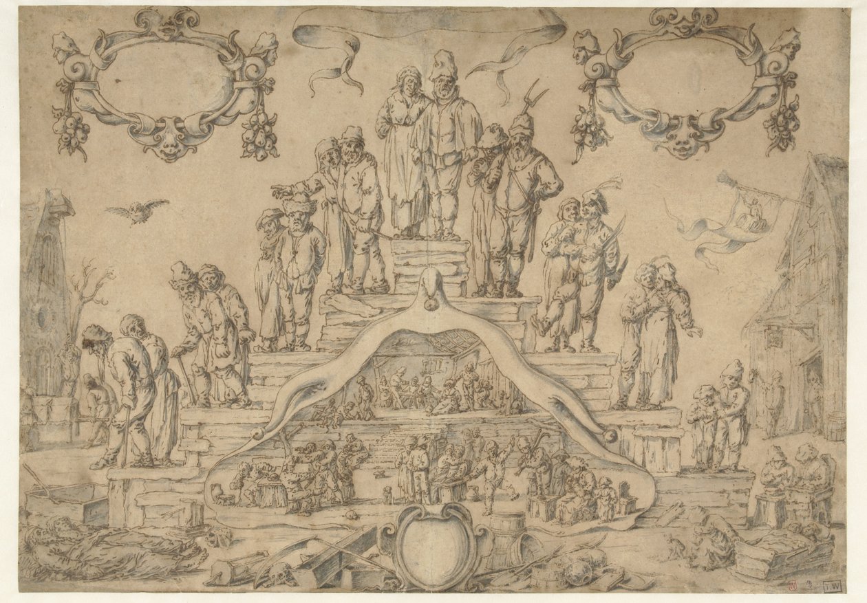 Alderdomstrappe med bønder og bondekoner af Pieter Nolpe (attributed to)