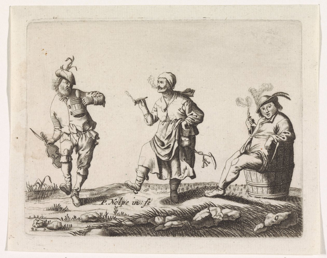 Dansende bonde- og bondekone og en mand på en tønde af Pieter Nolpe